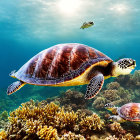 Underwater Scene: Three Sea Turtles by Coral Reef
