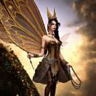 Fantasy female character with golden wings and staff in ornate armor.