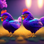 Vibrantly colored roosters with crowns in whimsical garden scene