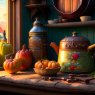 Rustic kitchen scene with copper pots, wooden bowls, fruit, nuts, and oil bottle at