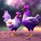 Colorful Stylized Chickens in Vibrant Purple Environment