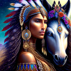 Native American-inspired headdress woman and horse with intricate beadwork