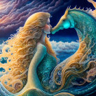Fantastical illustration of woman with golden hair and blue seahorse creature in ornate patterns.