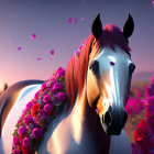 Majestic horse with rose garland under pink-clouded twilight