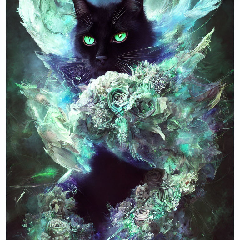 Mystical black cat with green eyes in ethereal blue and white floral wreath