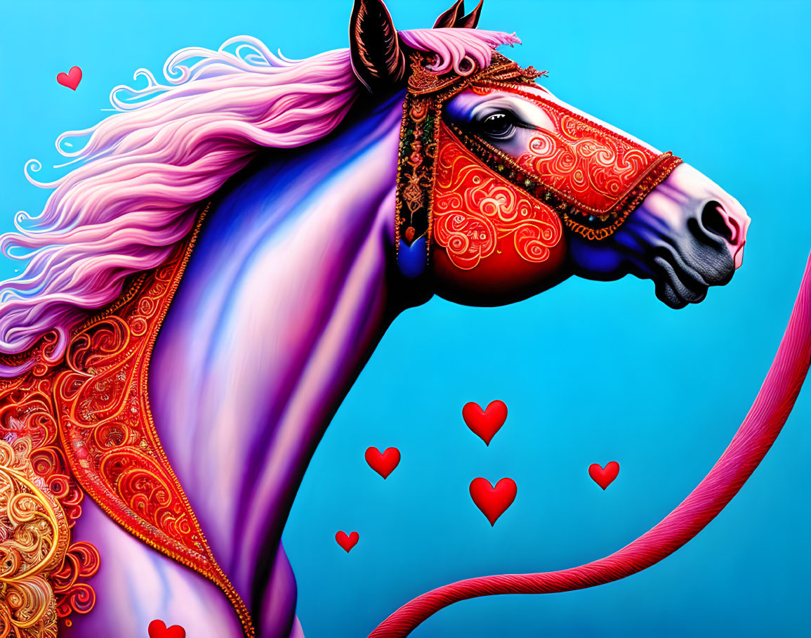Colorful illustration of fantastical horse with purple mane and ornate red bridle on blue background with