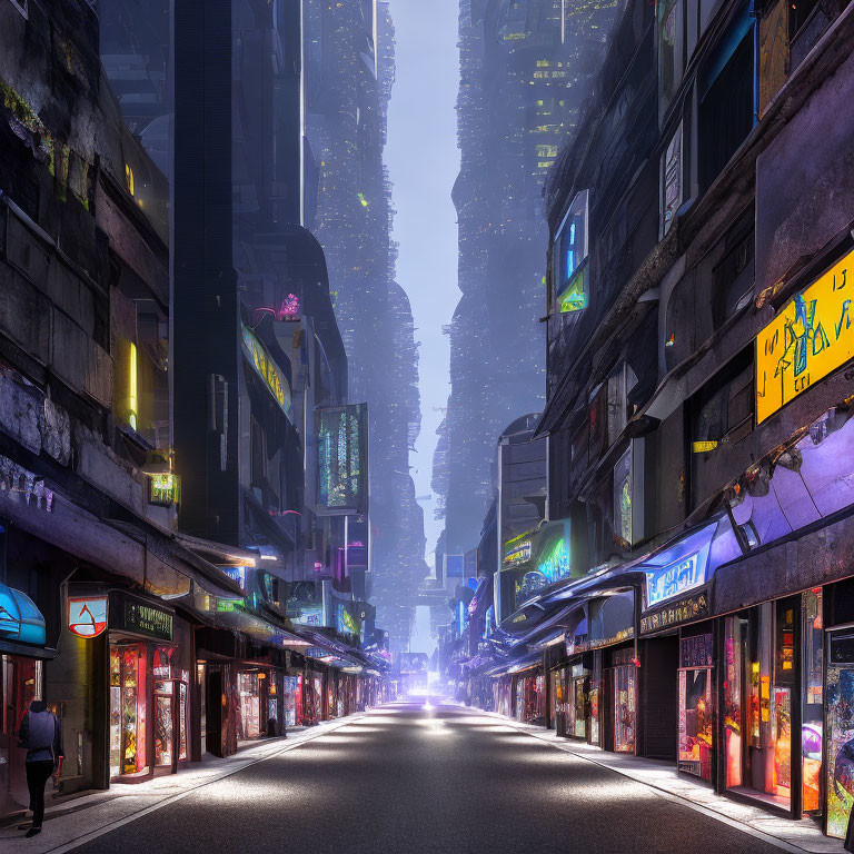 Futuristic cityscape with neon signs and skyscrapers in misty twilight