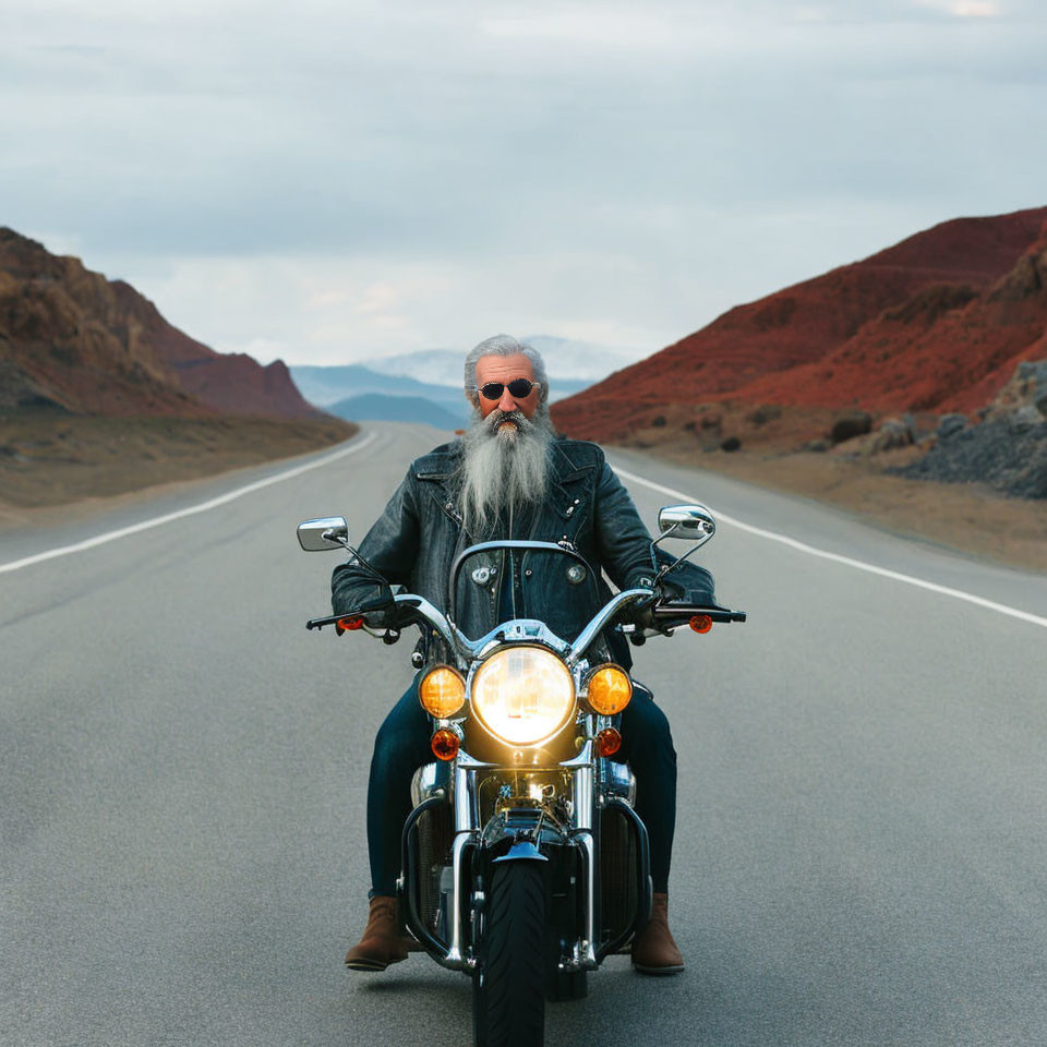 Bearded person on motorcycle in black leather jacket on desert road