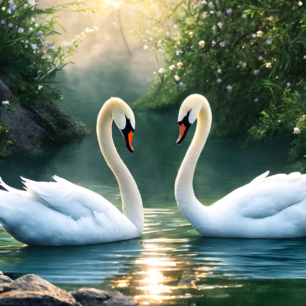 Swans creating heart shape on serene lake in misty landscape
