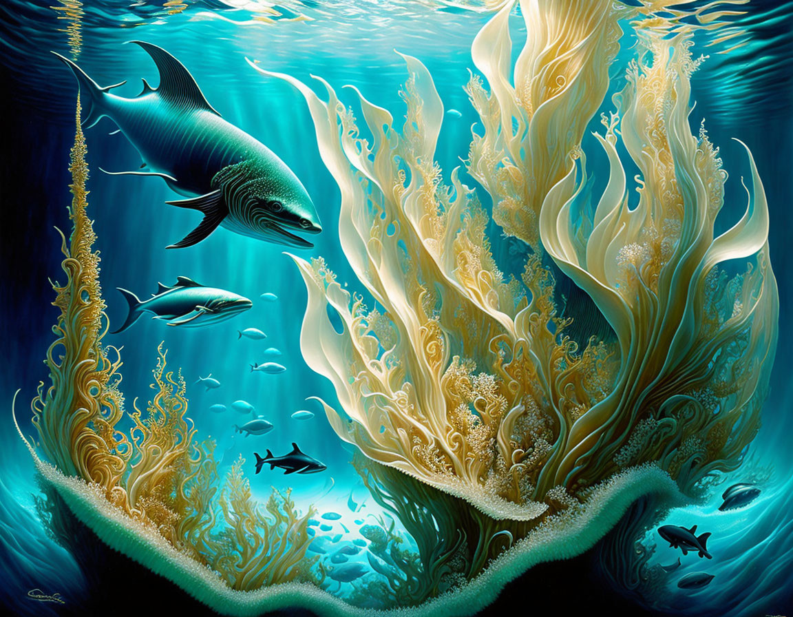 Colorful underwater scene with stylized fish and wavy plants in blue and gold.