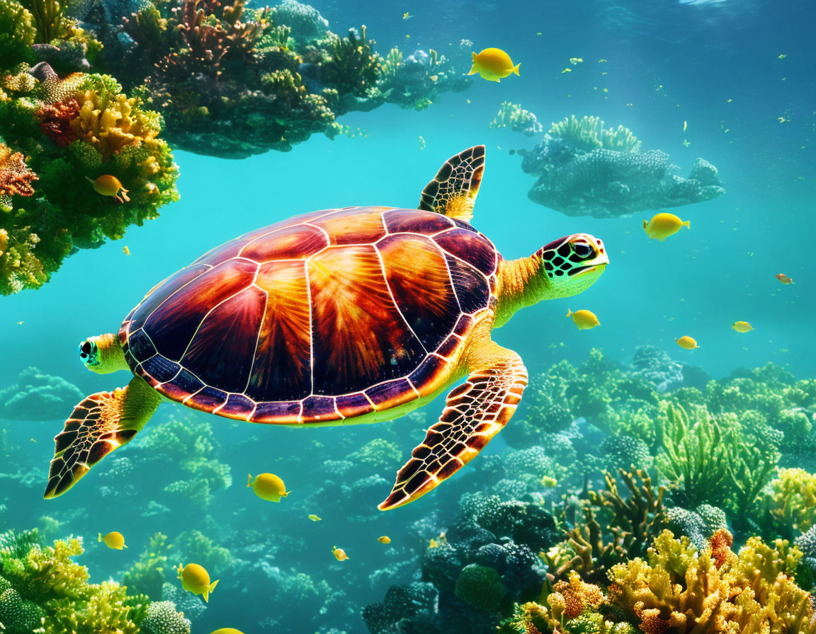 Colorful Sea Turtle Swimming Near Yellow Fish in Coral Reef