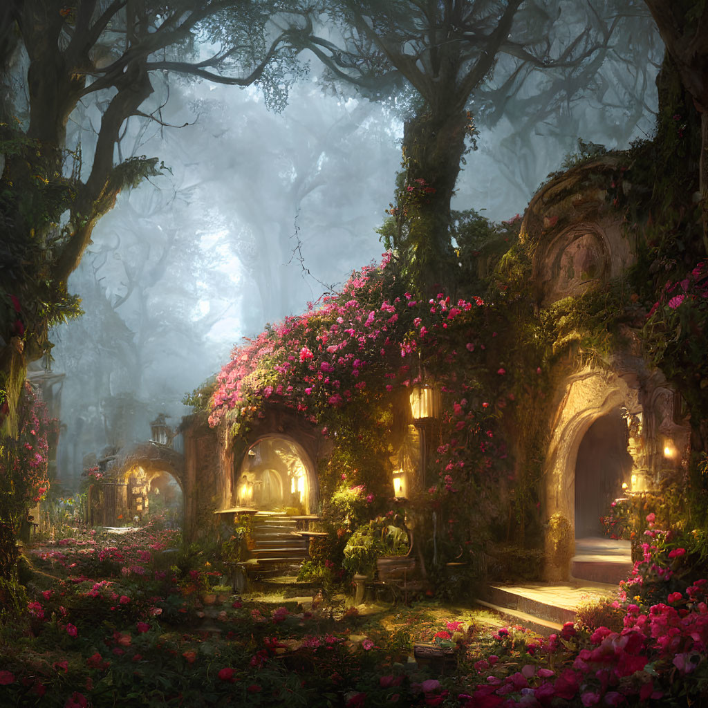 Enchanted forest with pink flowers, mystical doorways, lanterns in foggy setting