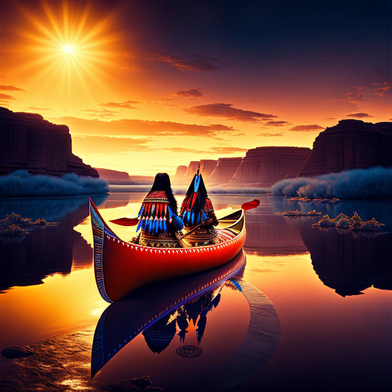Traditional Attire Couple in Colorful Canoe at Sunset
