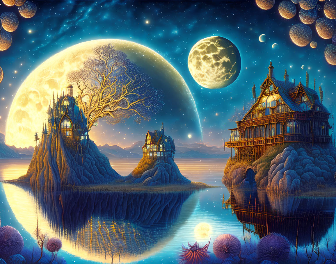 Fantasy landscape with moonlit islands, ornate houses, calm waters, marine flora, starry