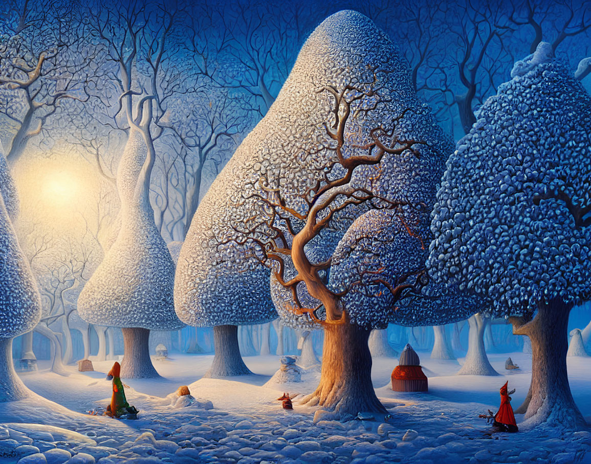 Snow-covered bulbous trees in a serene winter scene with figures in red cloaks and forest animals