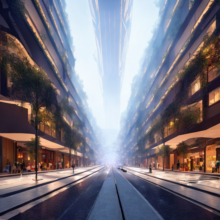 Futuristic city street with high-rise buildings and greenery
