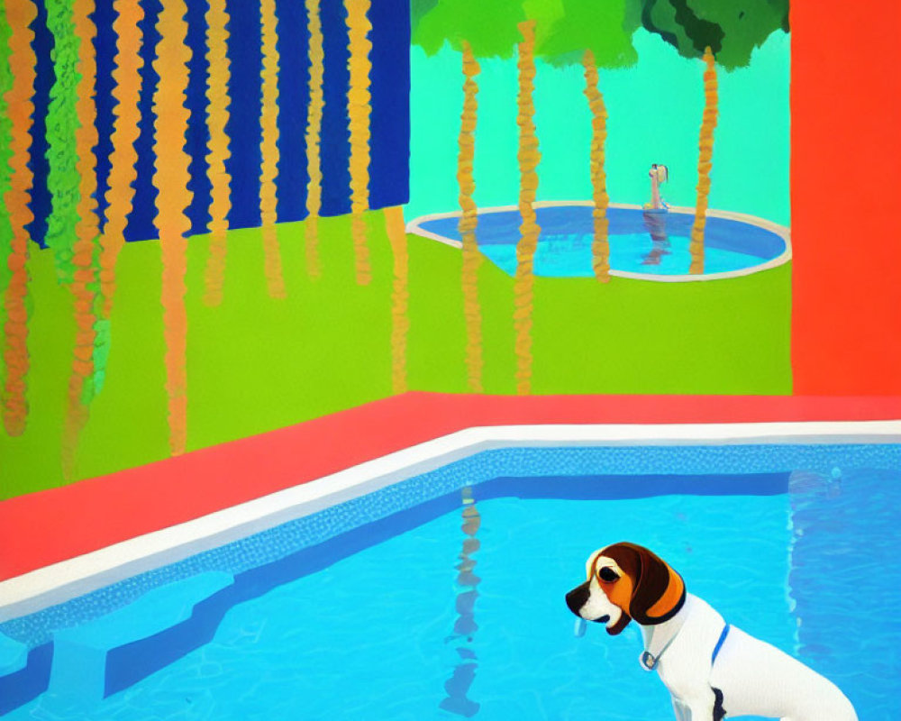Dog by Pool Watching Person Swim in Colorful Graphic Art