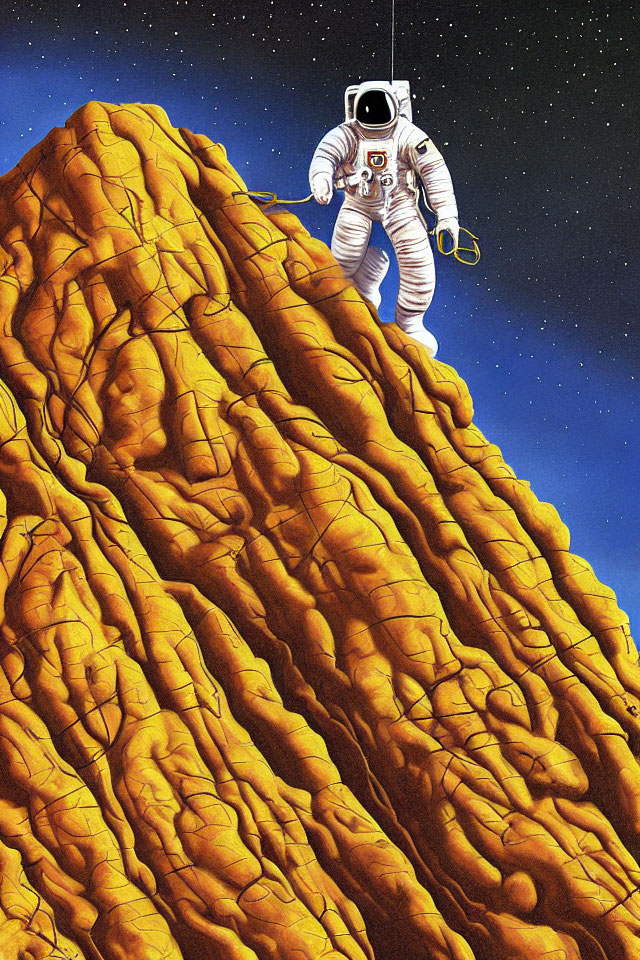 Astronaut in white spacesuit above orange mountainous surface