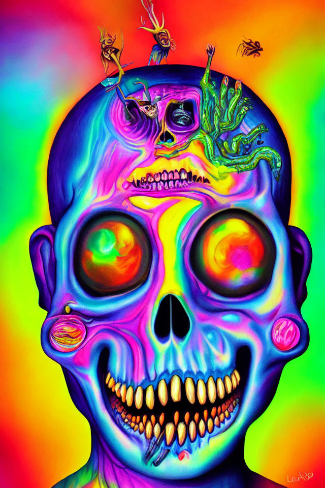 Colorful Psychedelic Skull Illustration with Fantastical Creatures