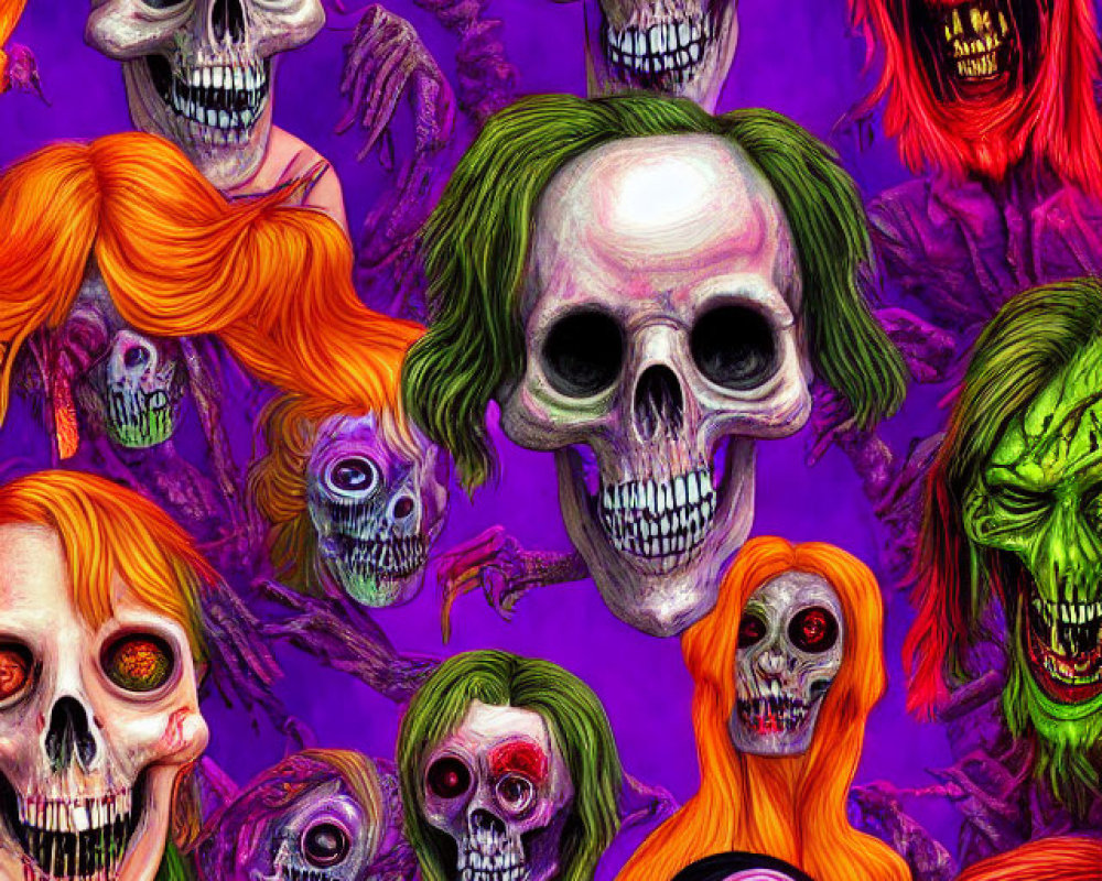 Colorful Skulls and Undead Figures on Purple Background