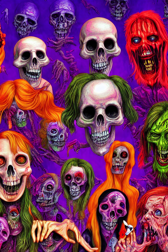 Colorful Skulls and Undead Figures on Purple Background