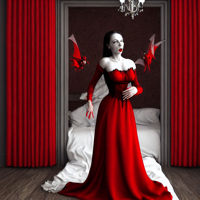 Woman in red dress with dragons in bedroom setting