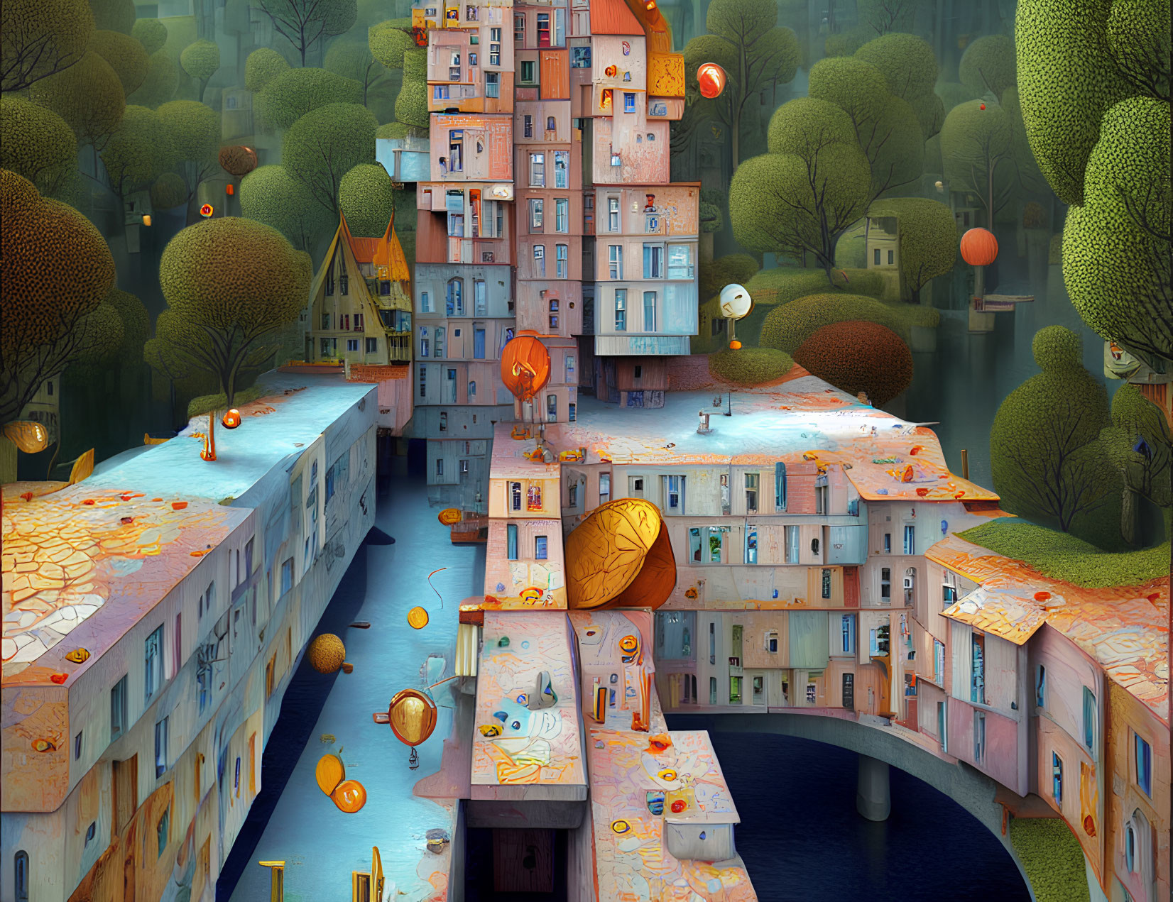 Intricate multi-story building in autumn landscape with floating orange orbs