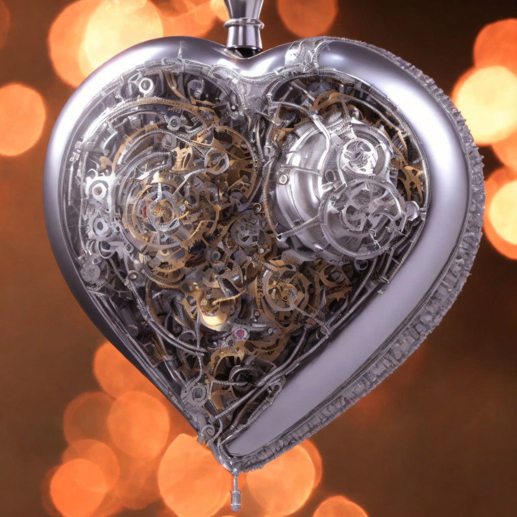 Heart-shaped object with intricate mechanical gears and parts on warm bokeh background