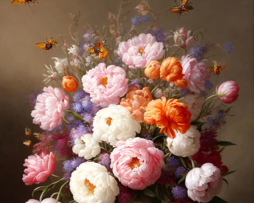 Colorful Peony Bouquet with Butterflies on Moody Background