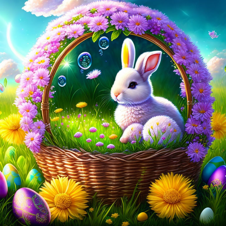 Colorful digital artwork: White rabbit in flowered wicker basket in meadow