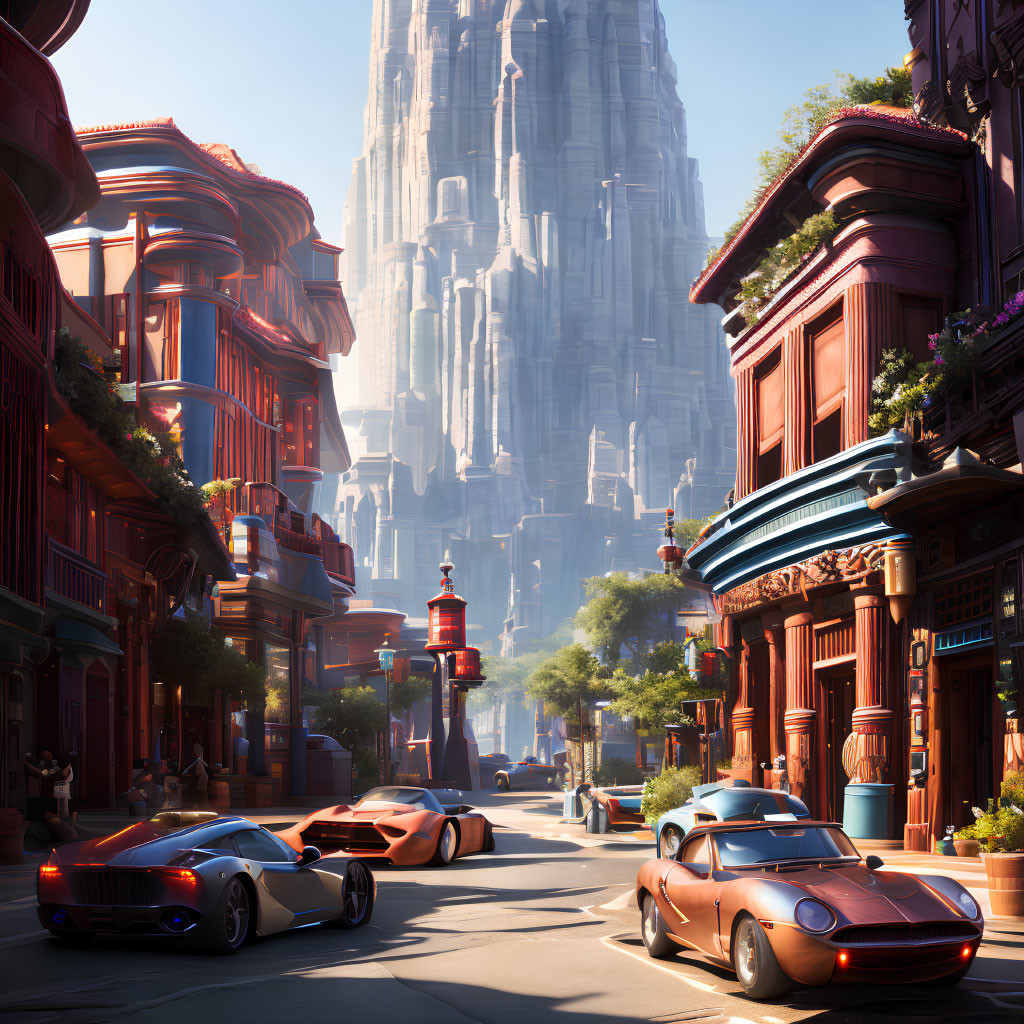 Futuristic city street with sleek cars, tall buildings, and mountain backdrop