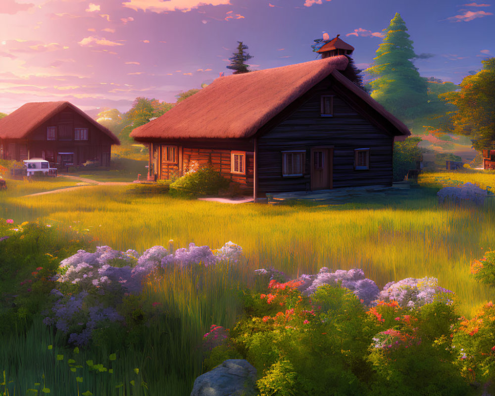 Traditional wooden cottage in rural scene with wildflowers at sunrise or sunset