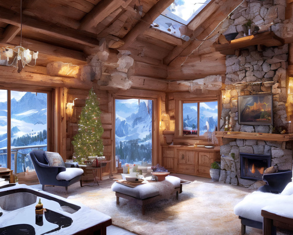 Rustic mountain cabin interior with fireplace, Christmas tree, and snowy landscape view.