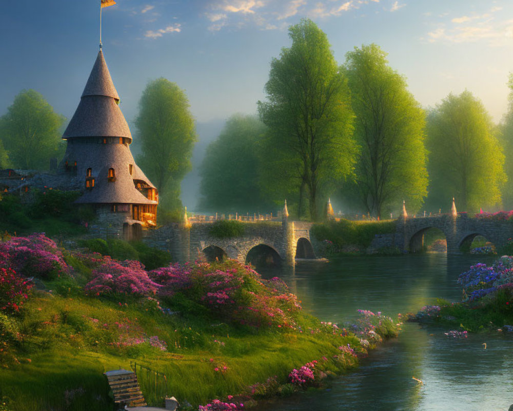 Tranquil landscape with stone bridge, tower house, river, and pink flowers