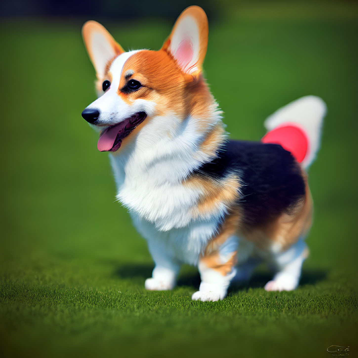 Fluffy Pembroke Welsh Corgi with white, brown, and black coat on grass