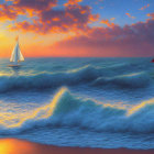 Vibrant sunset seascape with sailboats and choppy waves