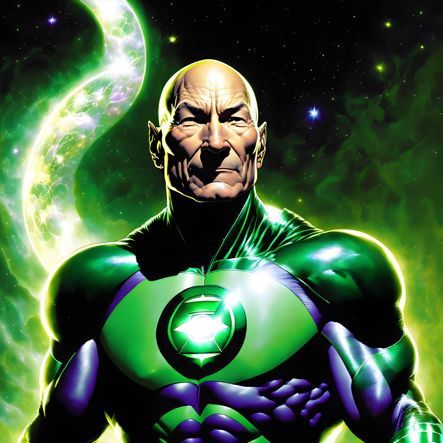 Bald Superhero in Green and Black Suit with Lantern Emblem Standing Confidently