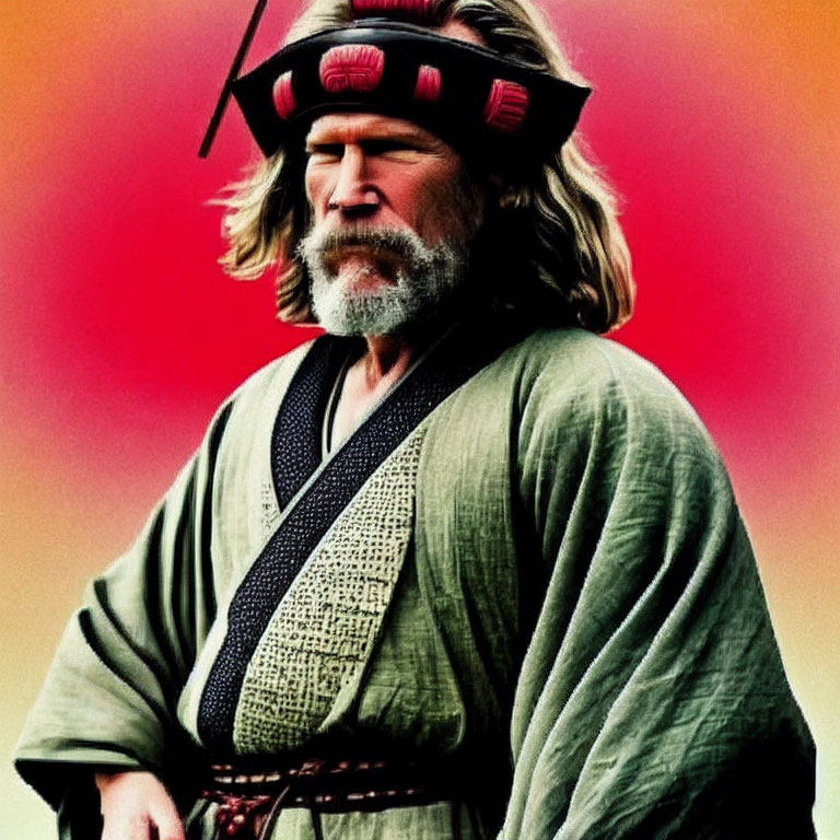 Bearded man in samurai attire against red and orange backdrop