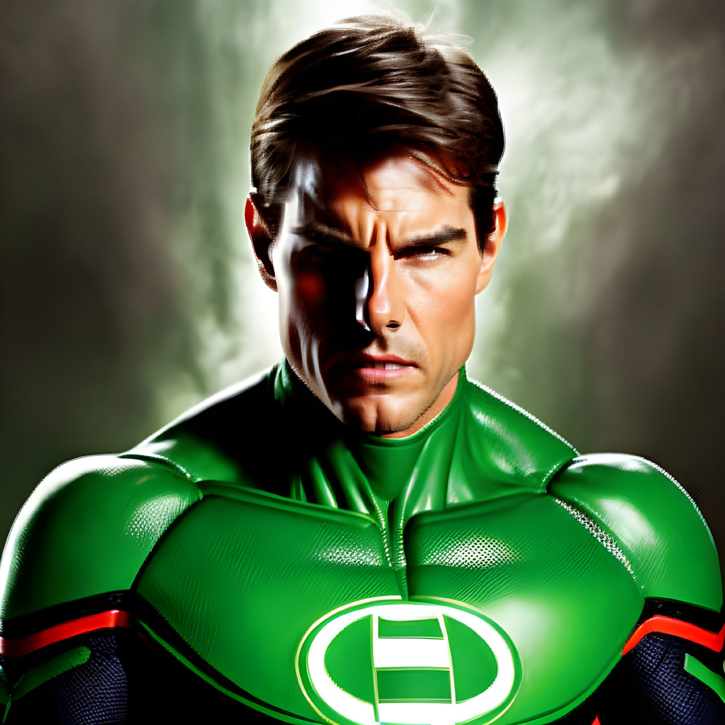 Superhero in Green and Black Suit with Glowing Emblem and Intense Gaze