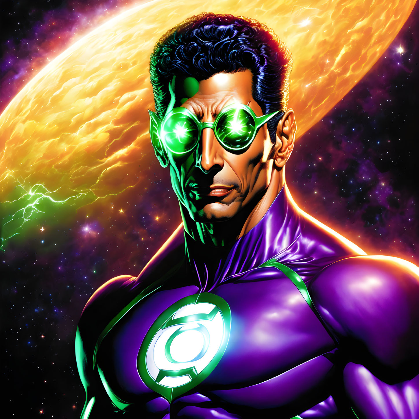Superhero with Green Glowing Eyes in Purple Suit on Cosmic Background
