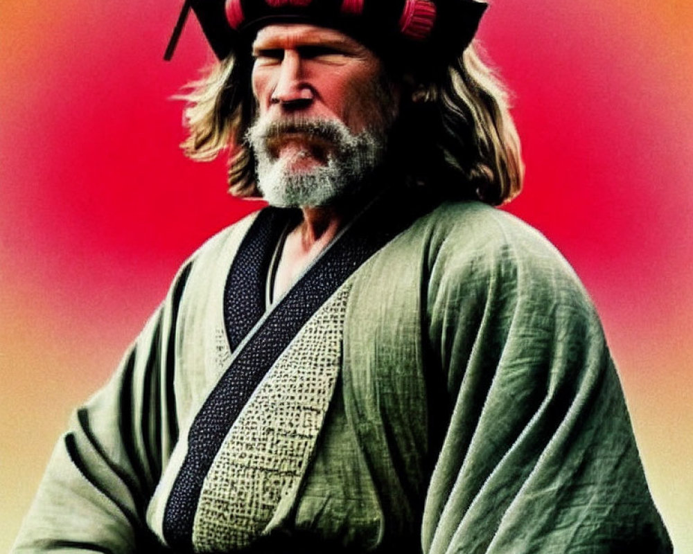 Bearded man in samurai attire against red and orange backdrop