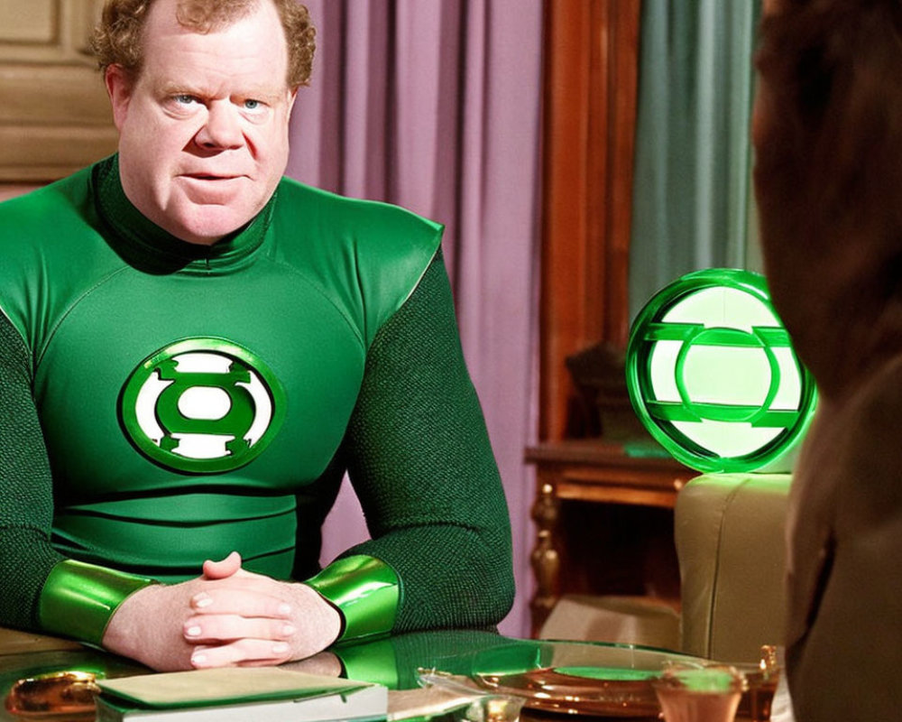 Man in Green Lantern Costume Sitting Intently at Table