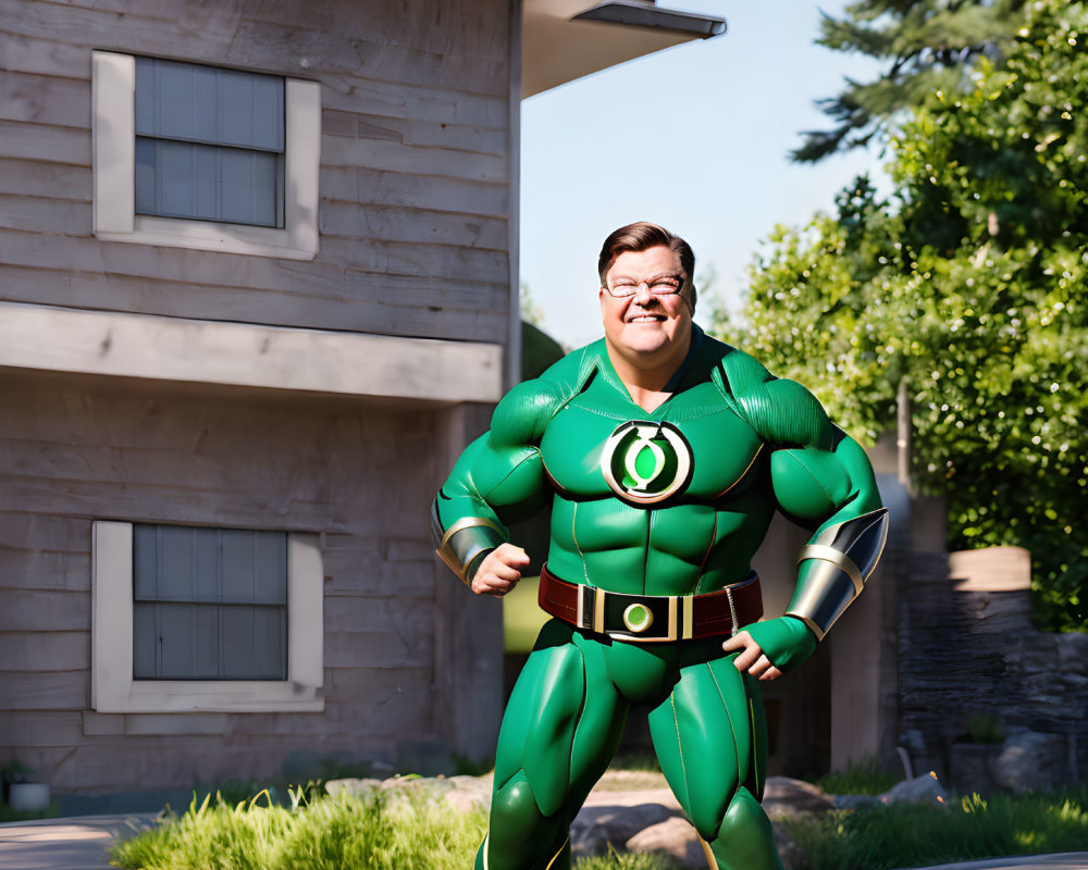 Person in Green Lantern costume poses confidently in front of a building