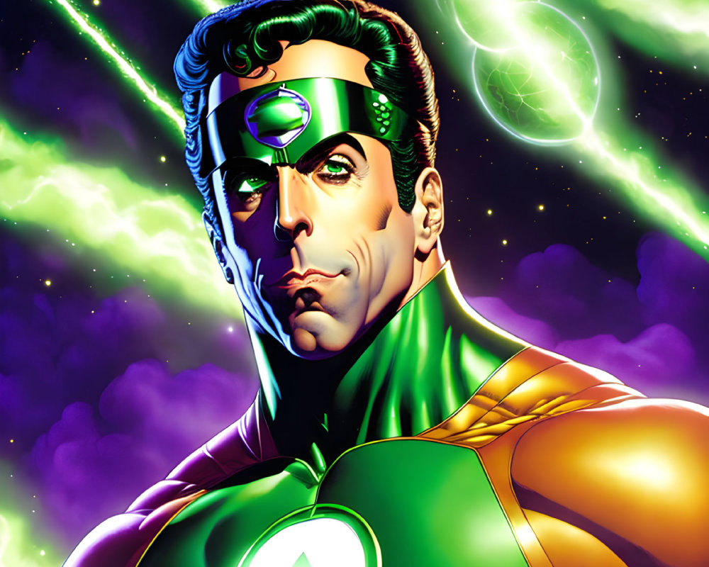 Muscular superhero in green and black suit with power ring, against cosmic background.