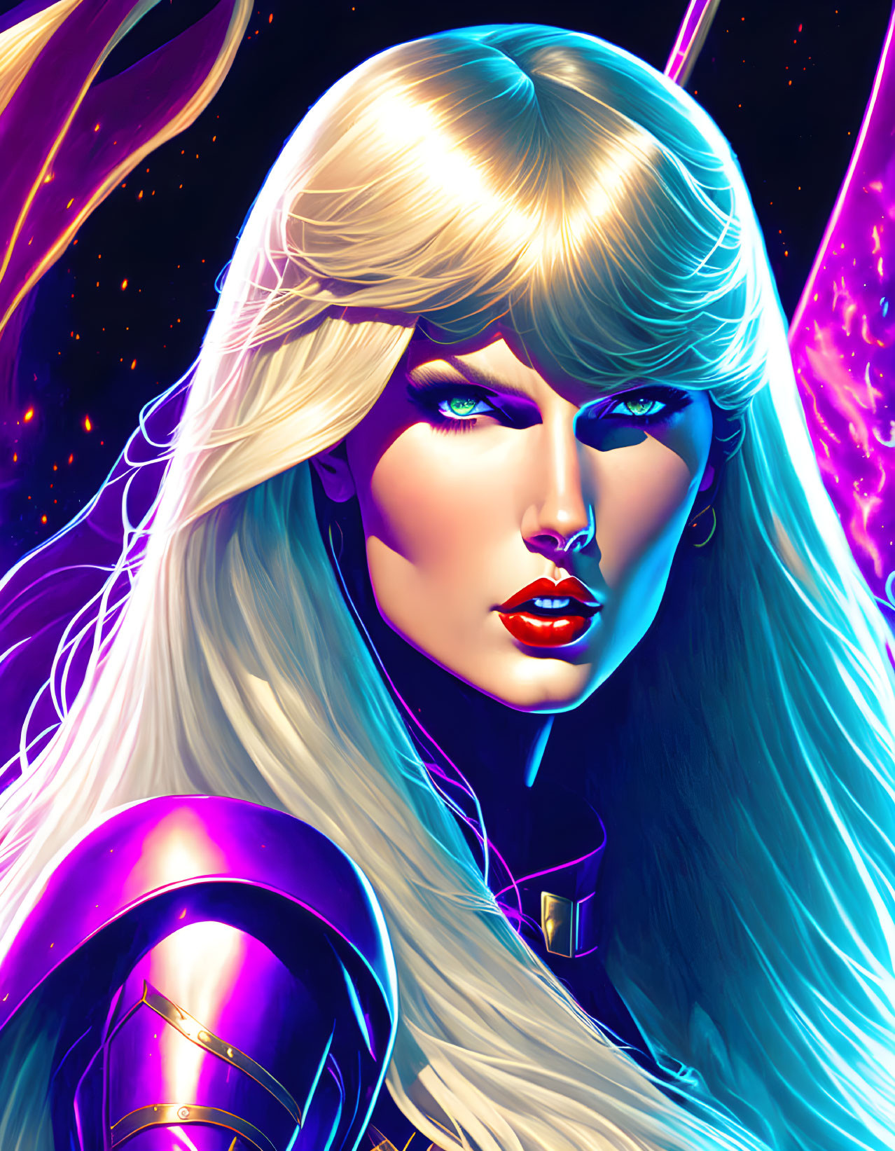 Futuristic woman with platinum blonde hair in vibrant cosmic setting