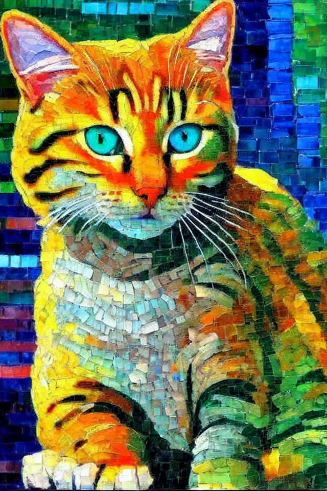 Vibrant mosaic artwork of an orange tabby cat with blue eyes