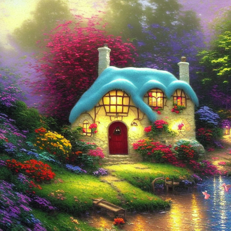 Charming cottage with blue roof, surrounded by vibrant flowers and ducks