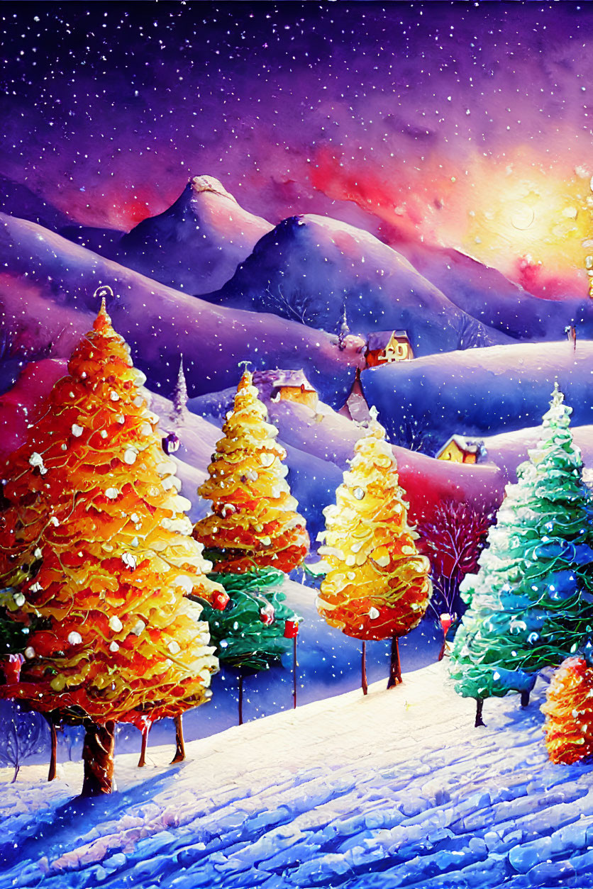 Vibrant Christmas trees in snowy landscape with starry sky & village