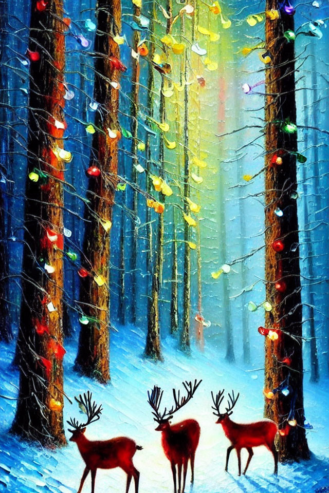 Vibrant Christmas lights illuminate snowy forest scene