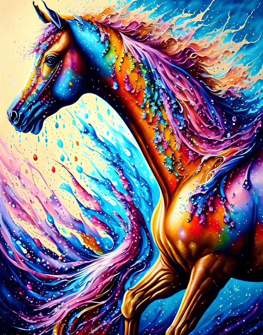 Colorful Stylized Horse Artwork with Flowing Mane and Abstract Background